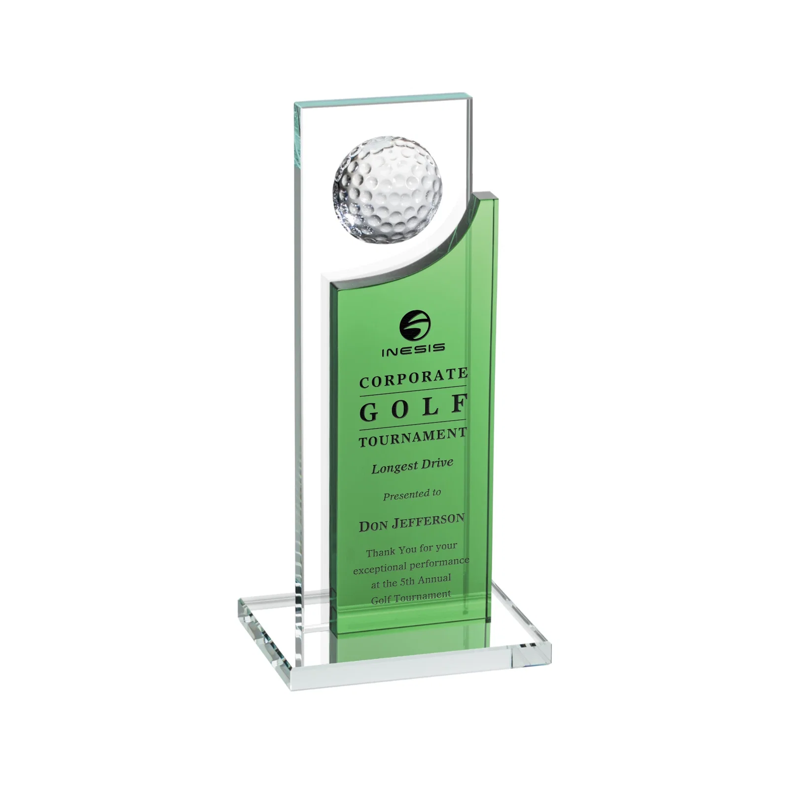 Custom Optical Crystal Award with Half-Cut Golf Ball on Colored Frame for service anniversary gifts
