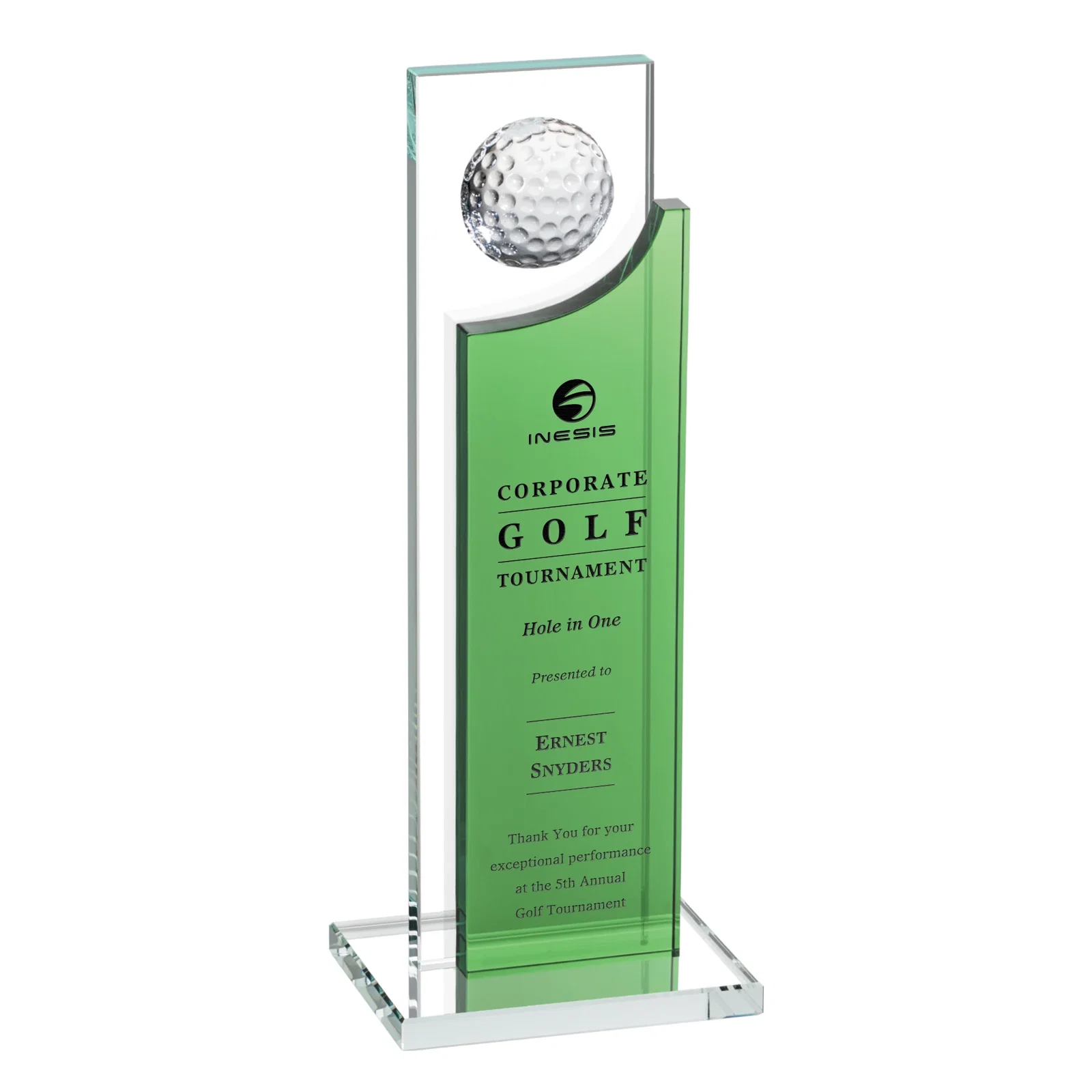 Custom Optical Crystal Award with Half-Cut Golf Ball on Colored Frame for sales achievement awards