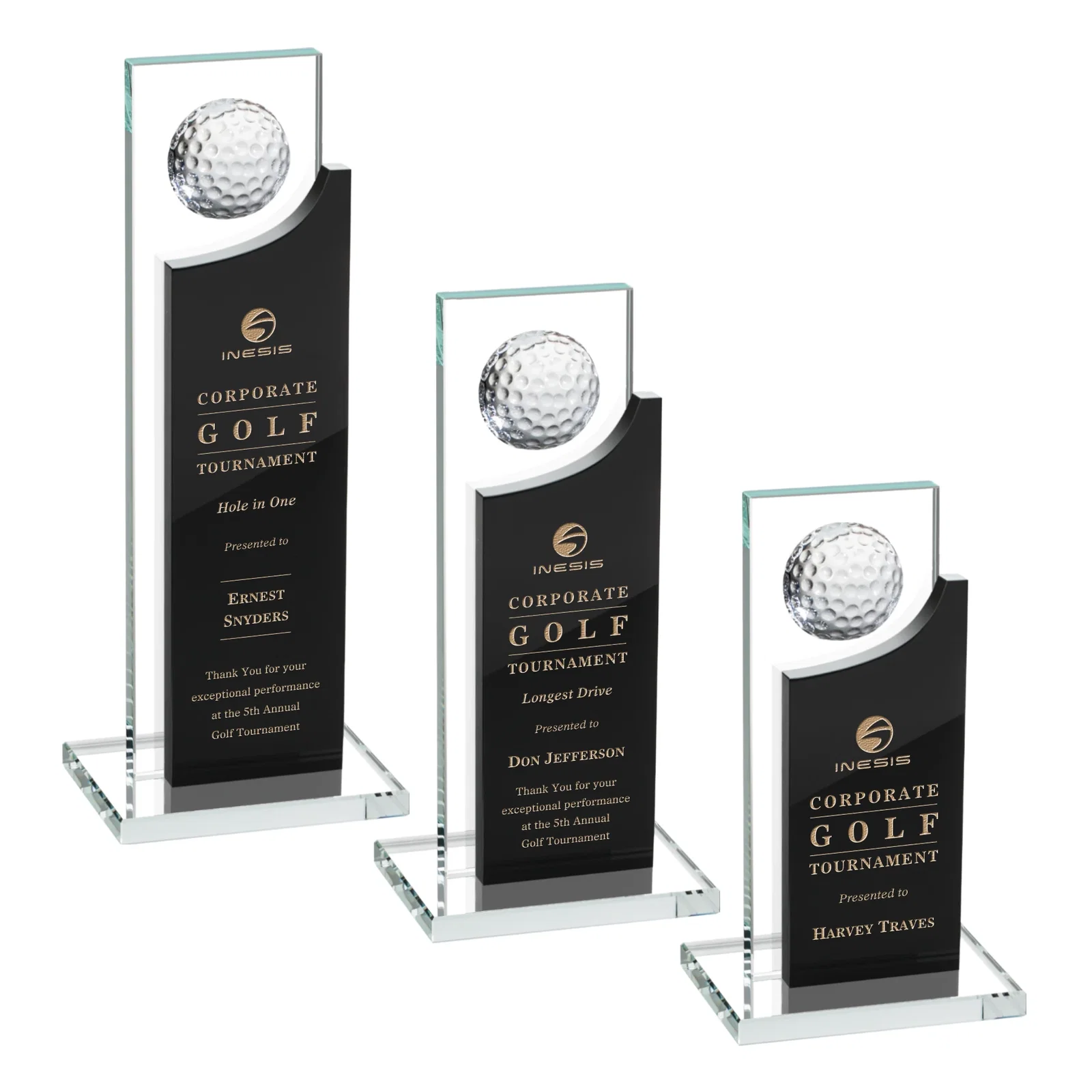 Custom Optical Crystal Award with Half-Cut Golf Ball on Colored Frame for retirement presentations