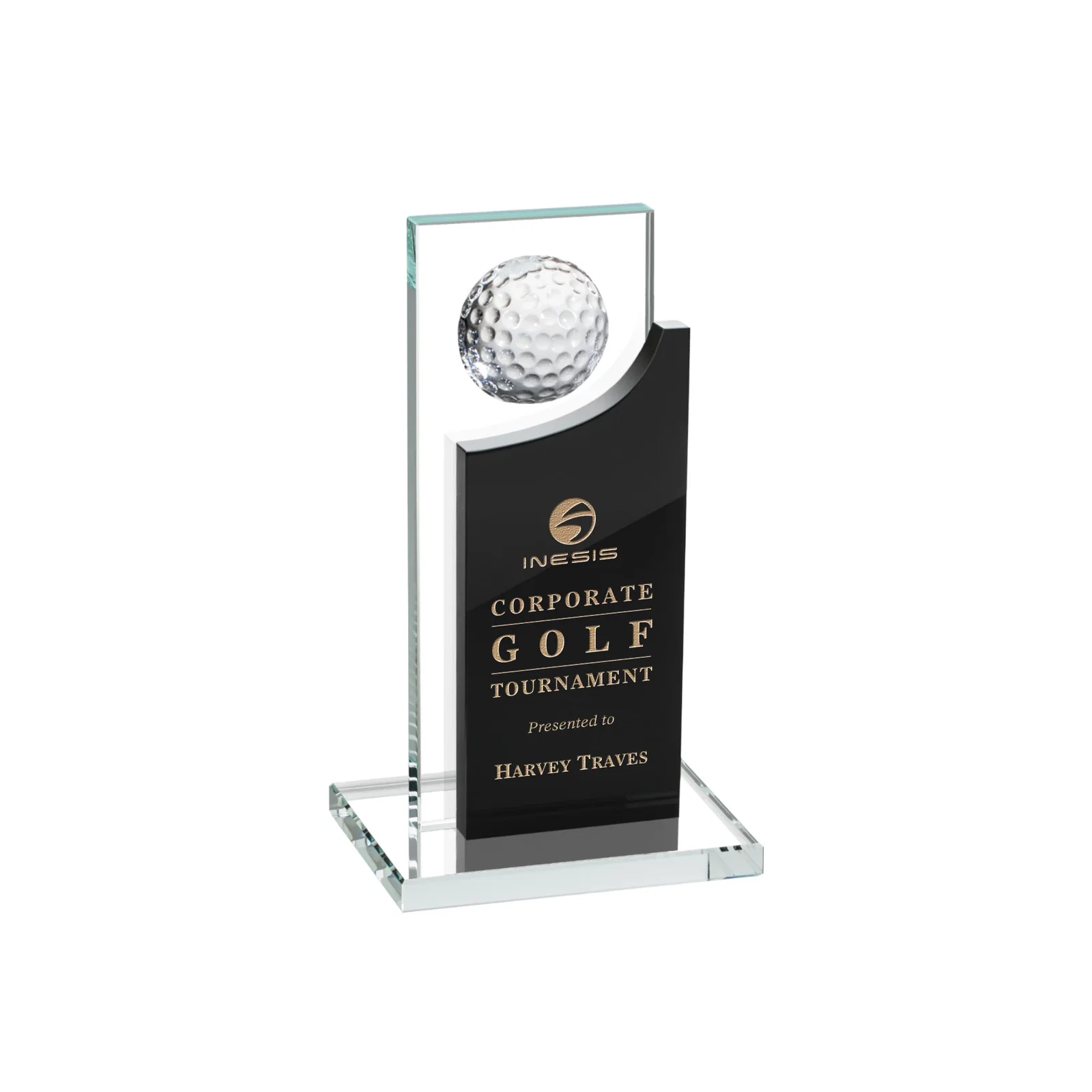 Custom Optical Crystal Award with Half-Cut Golf Ball on Colored Frame for team milestone celebrations