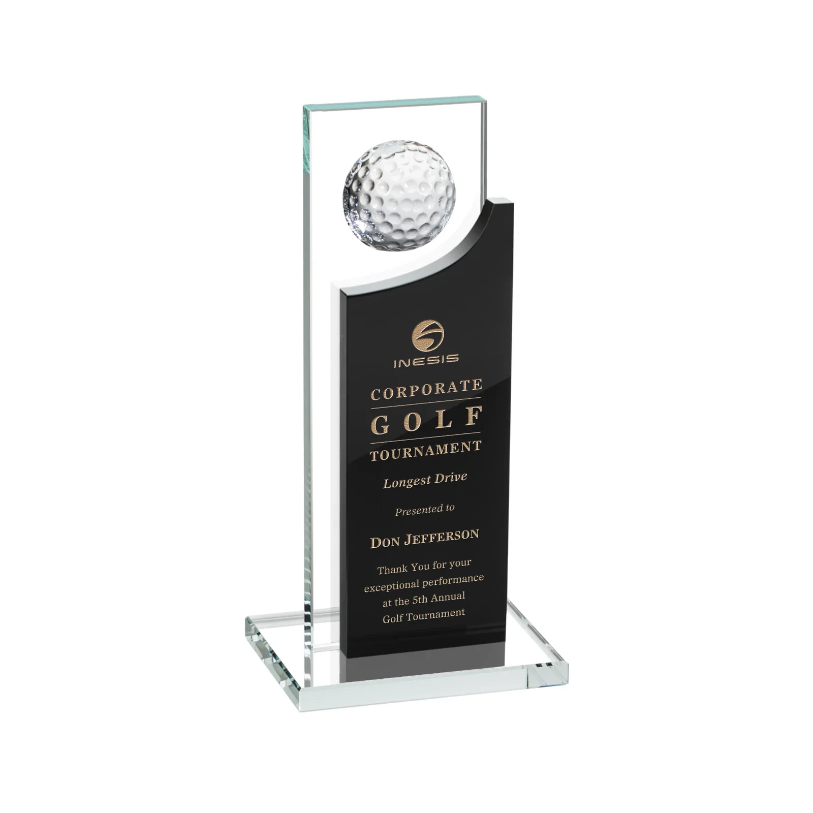 Custom Optical Crystal Award with Half-Cut Golf Ball on Colored Frame for donor appreciation
