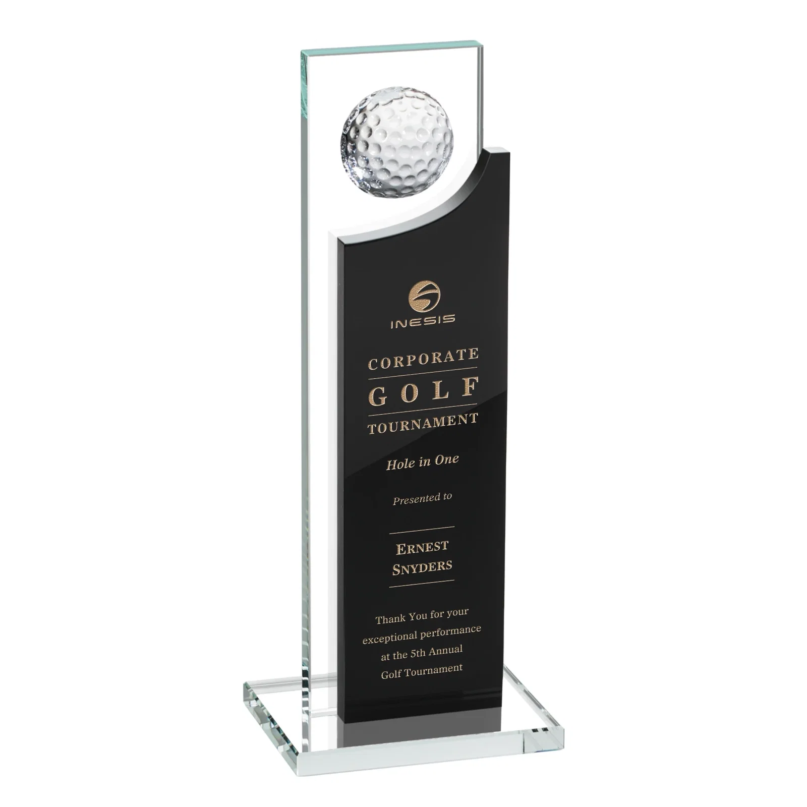 Custom Optical Crystal Award with Half-Cut Golf Ball on Colored Frame for graduation ceremonies