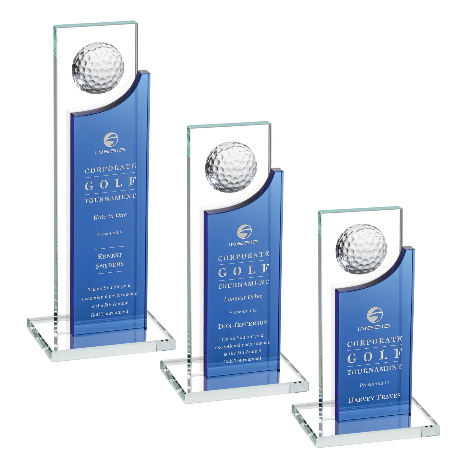 Custom Optical Crystal Award with Half-Cut Golf Ball on Colored Frame for safety achievement programs