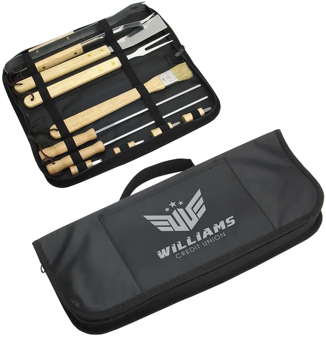 Redwood 10-piece stainless BBQ set with custom logo, promotional grill tool set front view