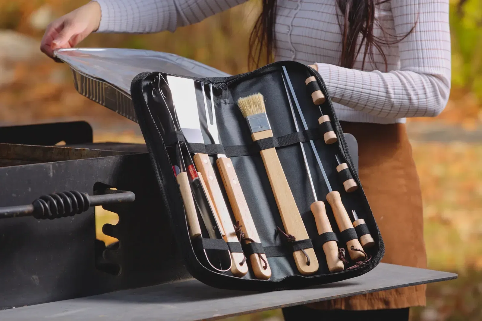 Redwood 10-Piece Stainless BBQ Set in use