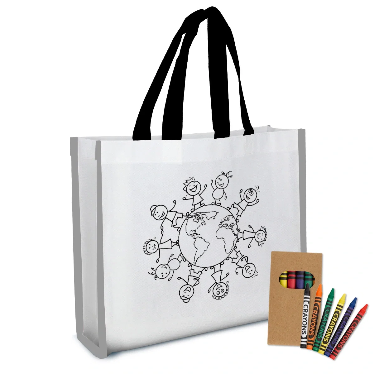 Coloring tote bag with crayons, shown standing upright