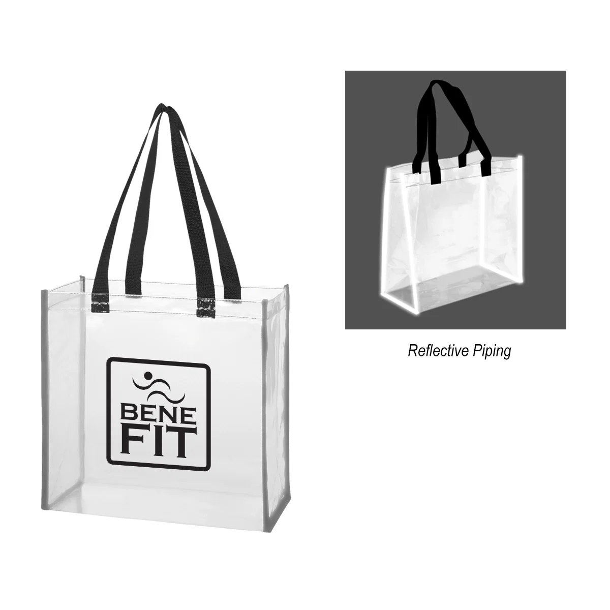Clear EVA tote bag with reflective trim, standing upright