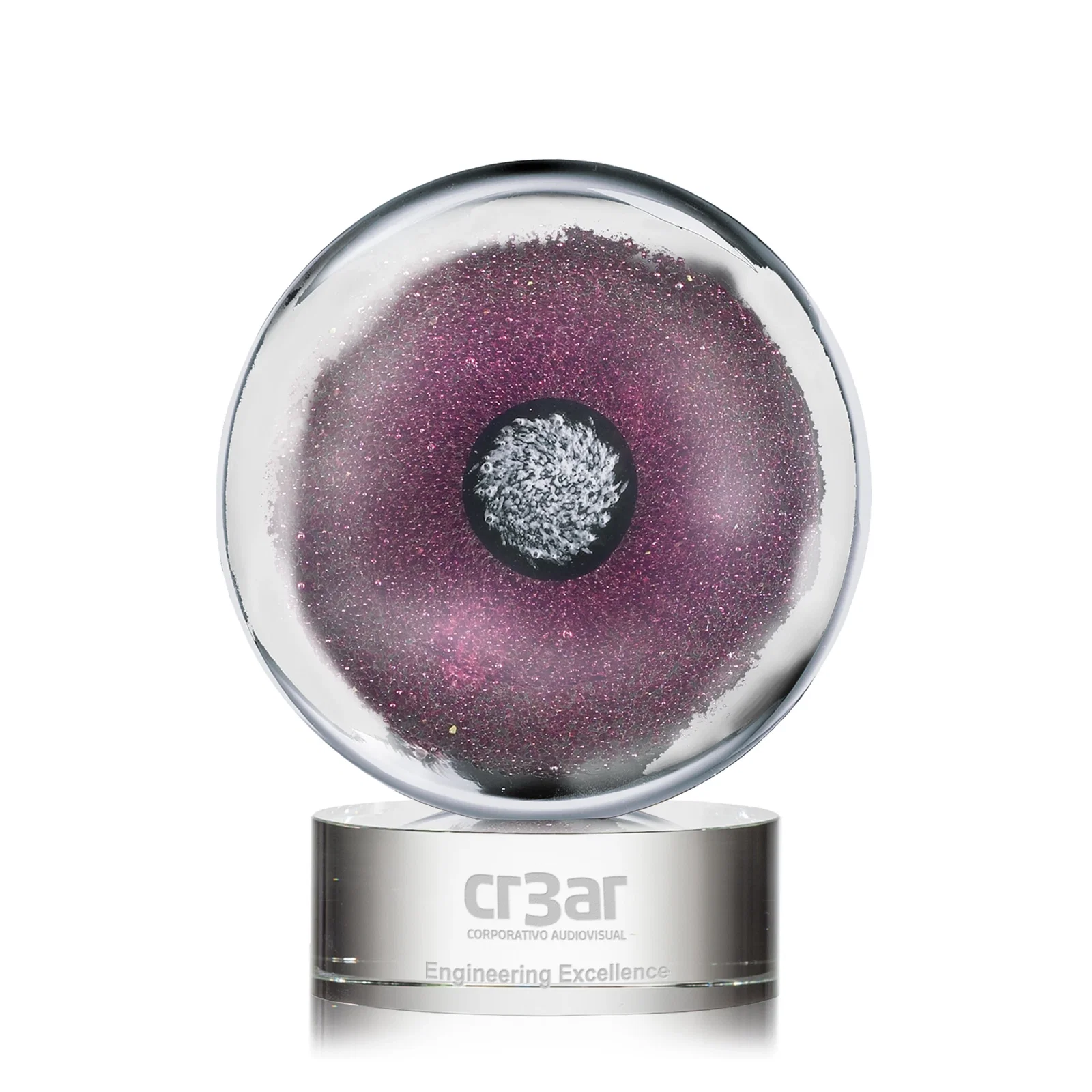 Custom Glass Disc Award on Ebony Base in Clear, Pink, Silver, or Black for corporate award ceremonies
