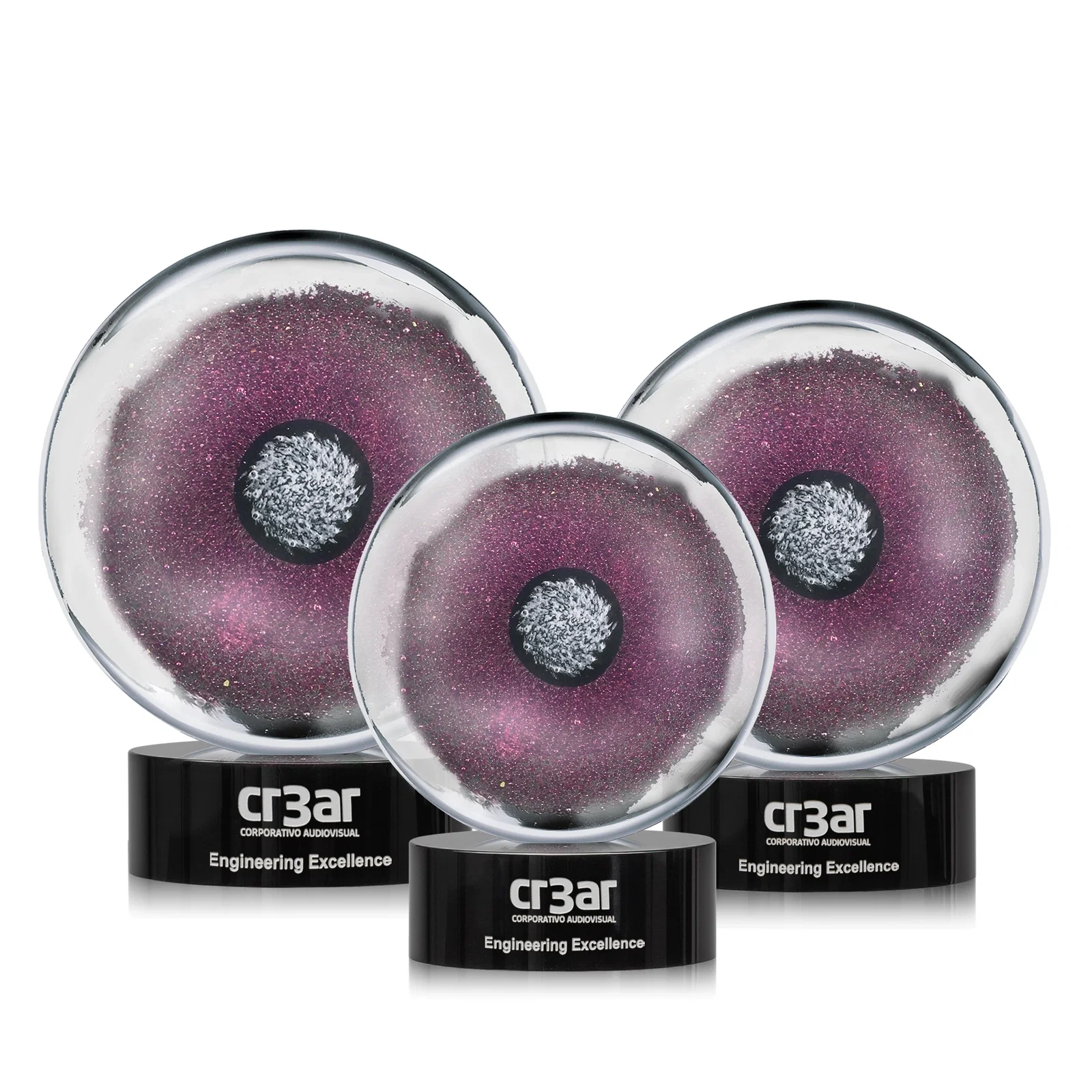 Custom Glass Disc Award on Ebony Base in Clear, Pink, Silver, or Black for retirement presentations