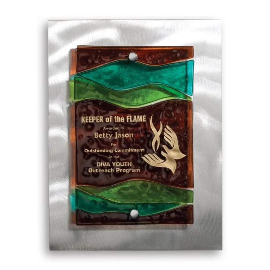 Custom Wave Pattern Art Glass Plaque On Brushed Aluminum, Multiple Colors for service anniversary gifts