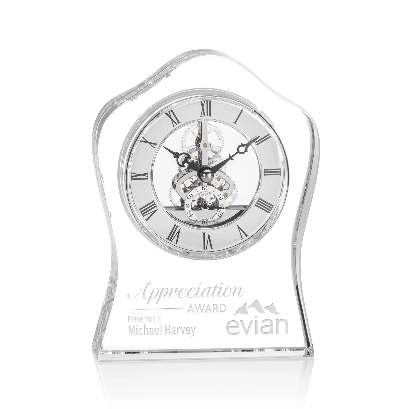 Custom Wavy Optical Crystal Desk Clock With Silver Wheel Face for employee recognition