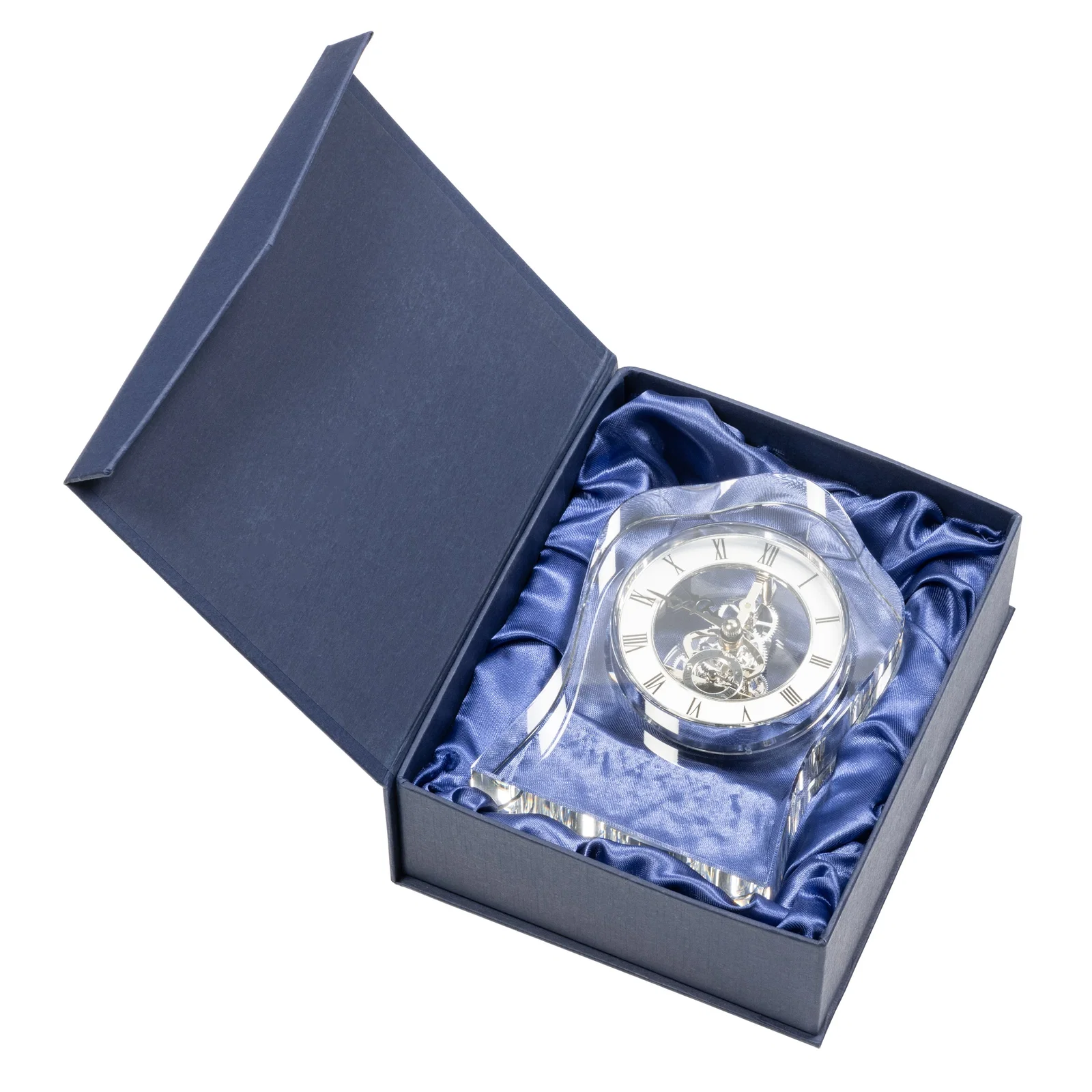 Custom Wavy Optical Crystal Desk Clock With Silver Wheel Face for corporate award ceremonies