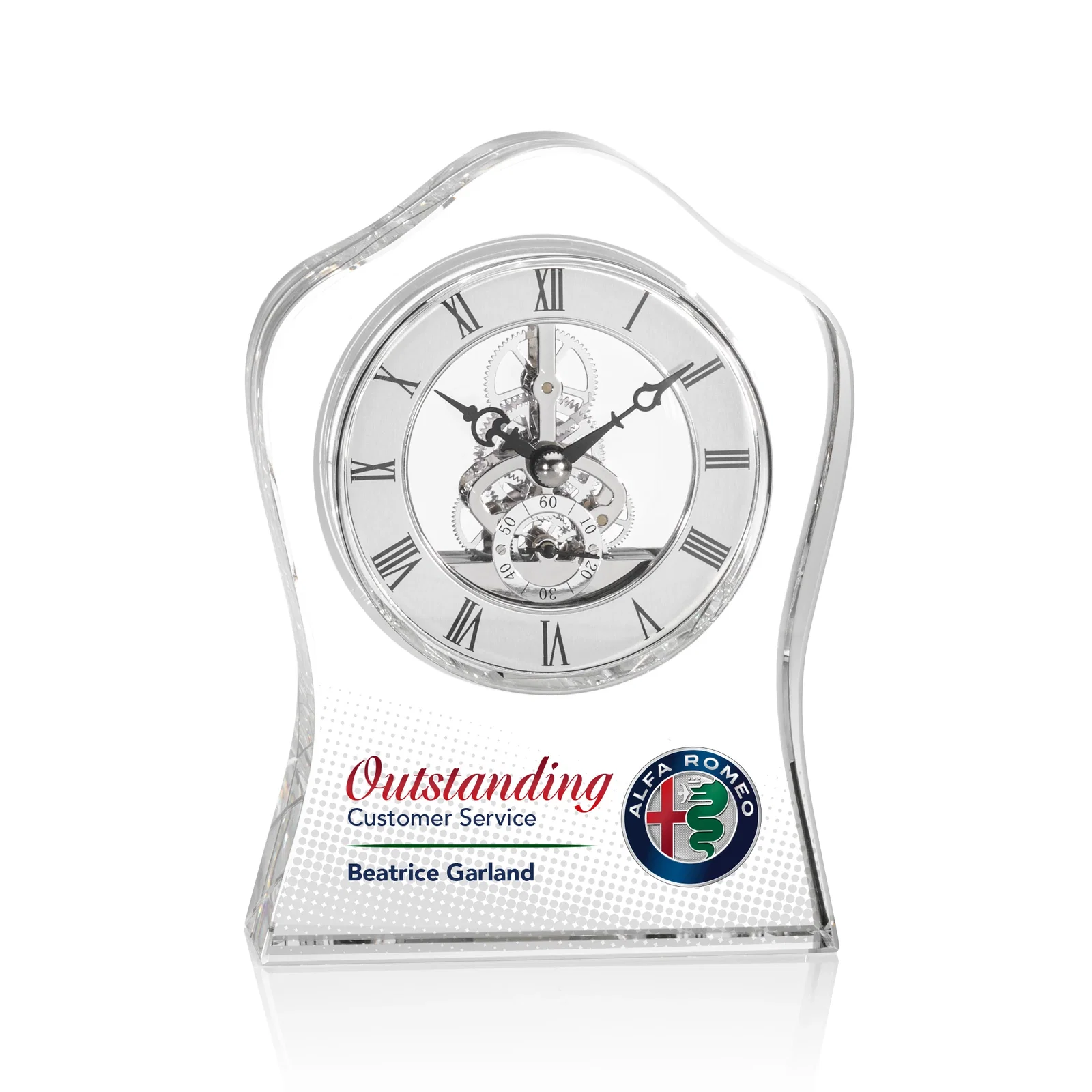 Custom Wavy Optical Crystal Desk Clock With Silver Wheel Face for service anniversary gifts