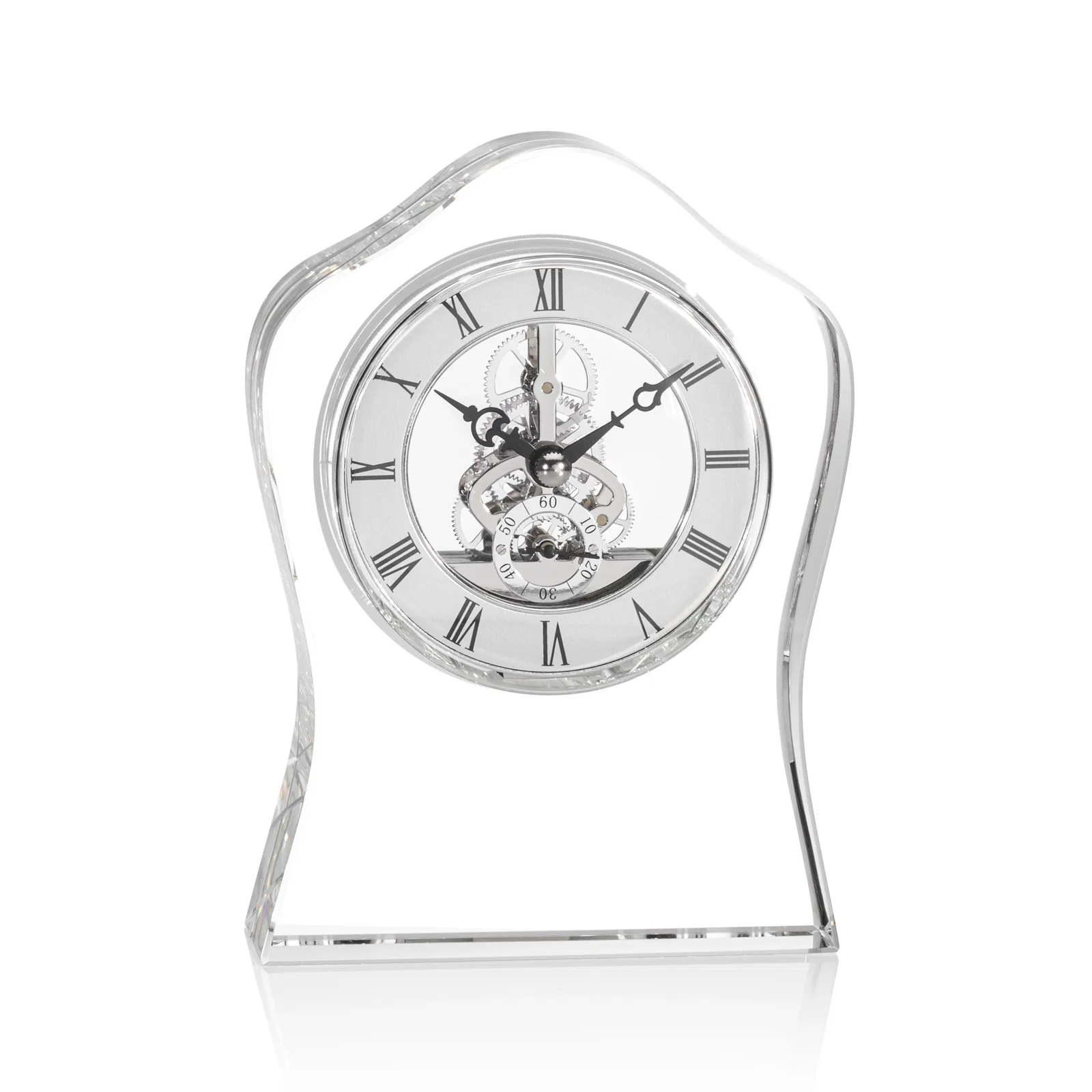 Custom Wavy Optical Crystal Desk Clock With Silver Wheel Face for sales achievement awards