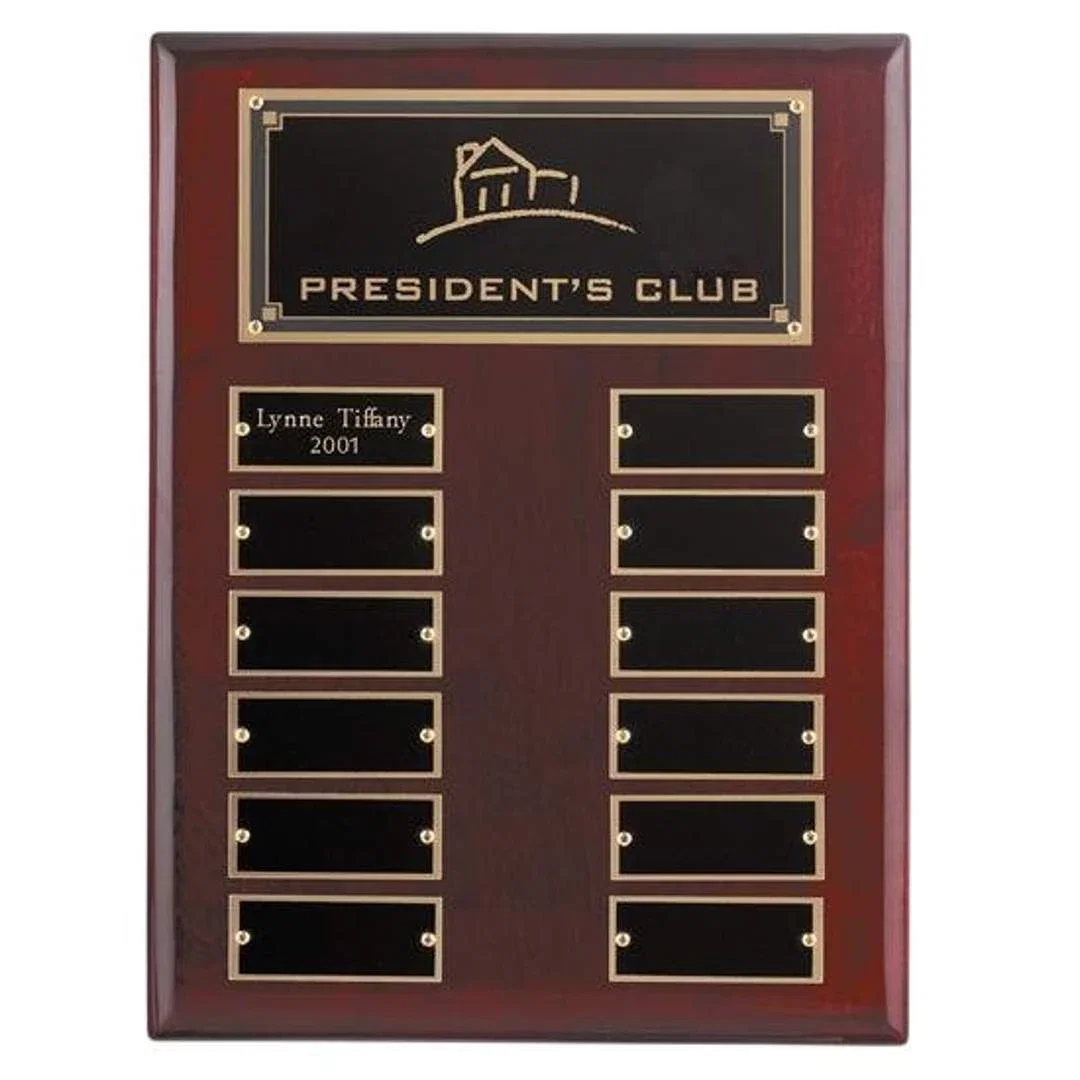 Custom Rosewood Piano Finish Plaque With Pewter-Bordered Header for employee recognition