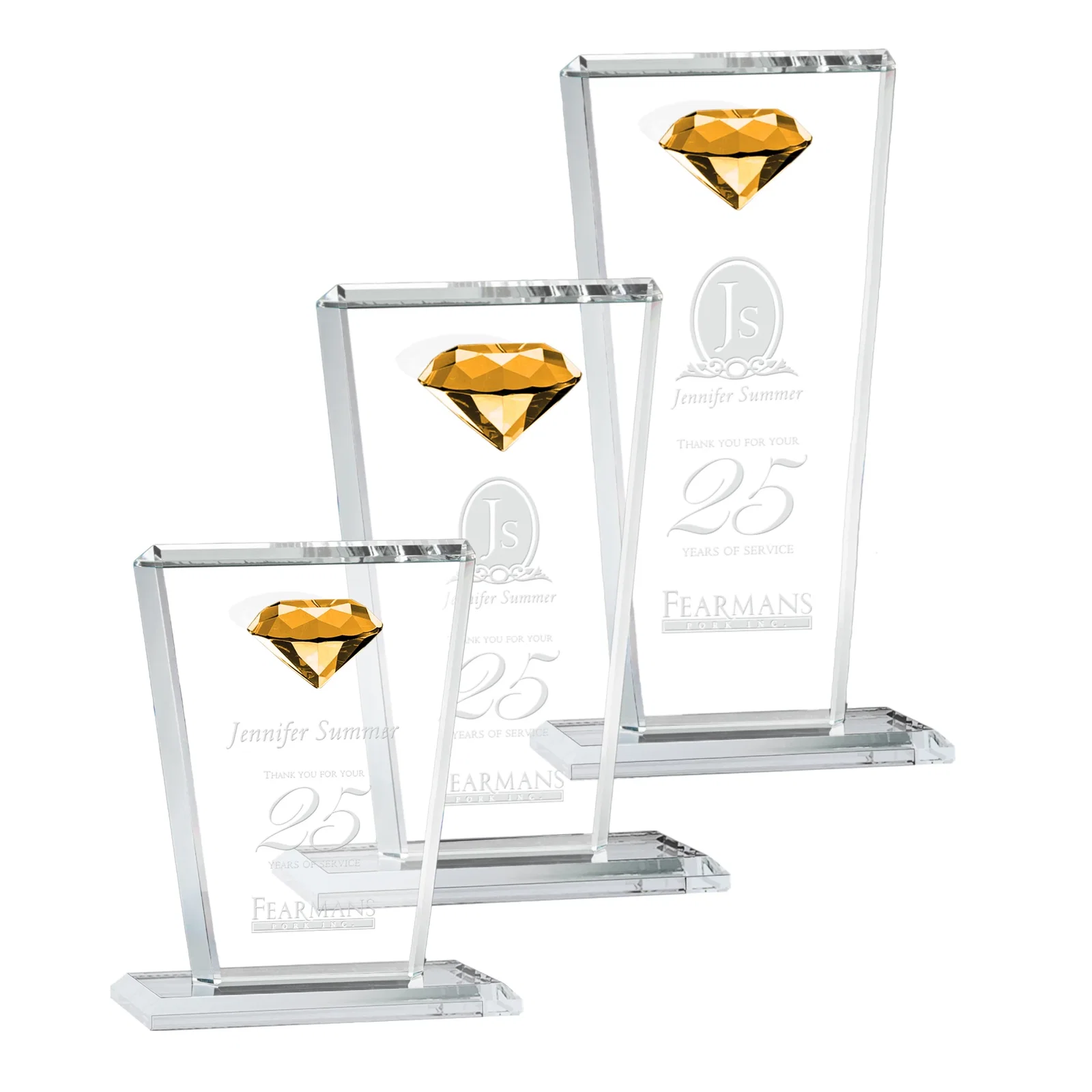 Custom Optical Crystal Award with Gemstone Set at Tapered Point for retirement presentations