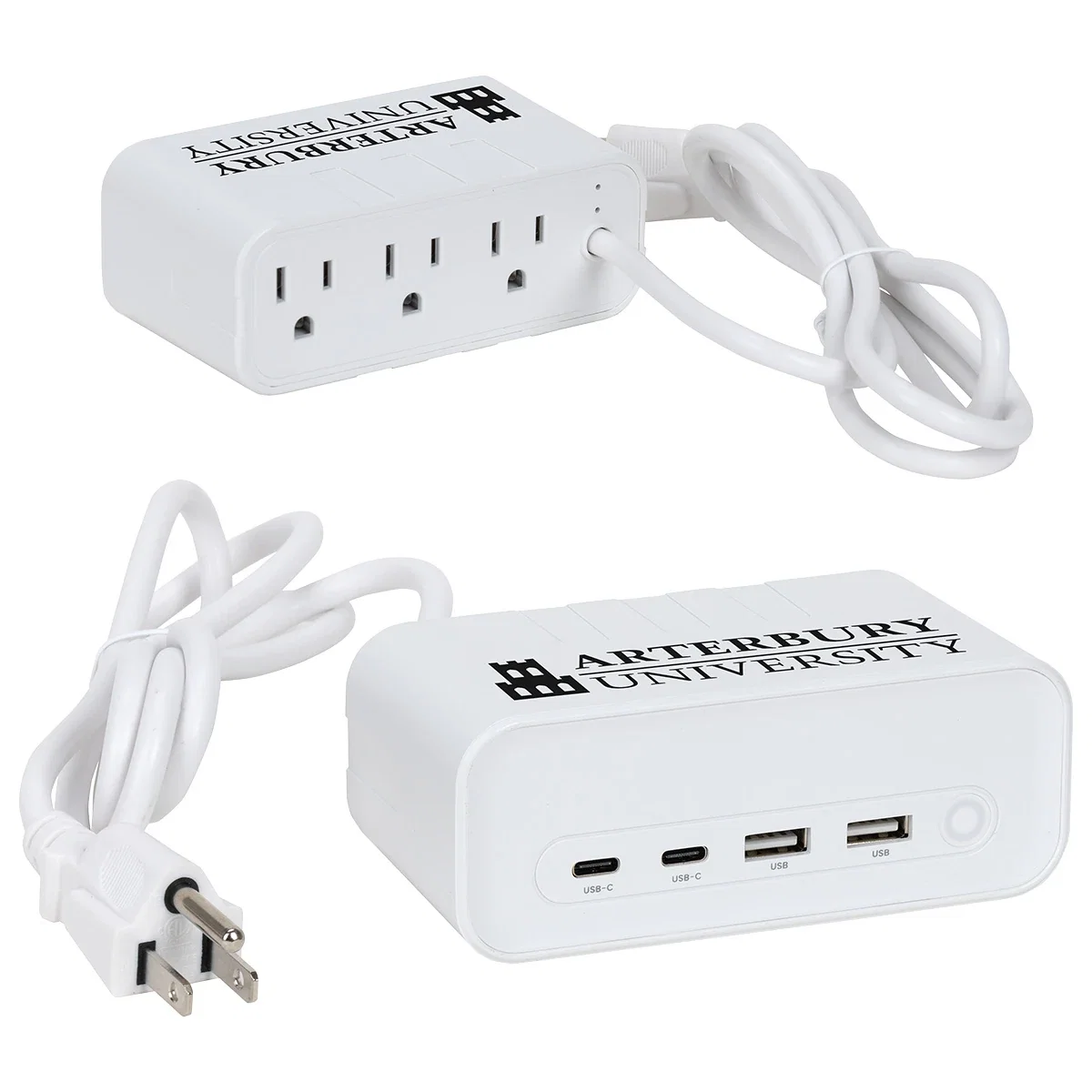Relay charging station with 3 AC outlets, two USB-C ports, two USB ports, and a 5-foot cord