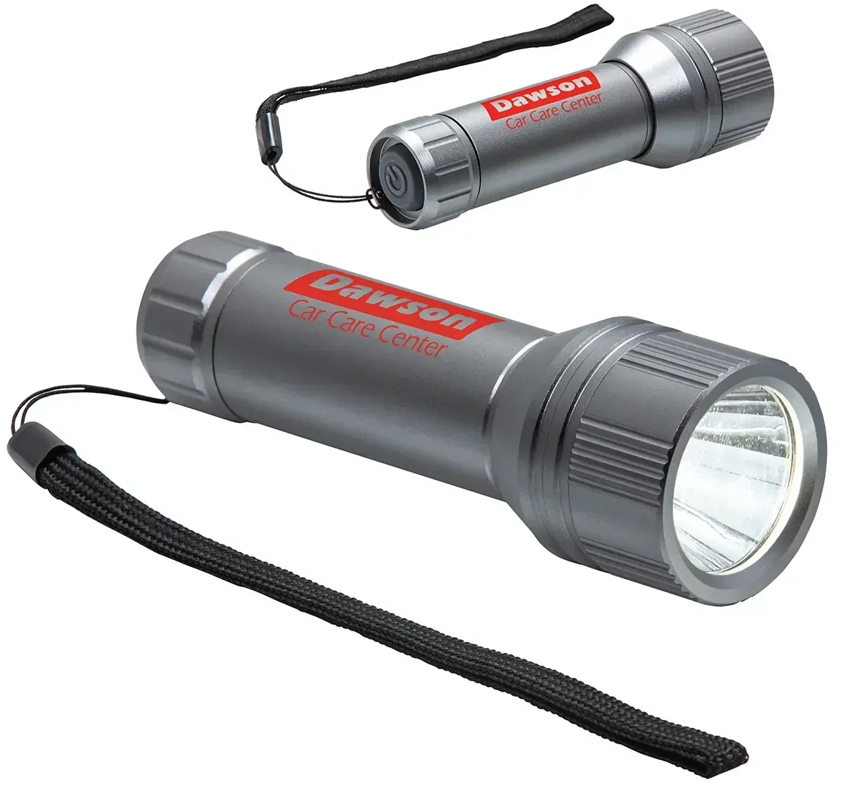 Promotional waterproof flashlight showing bright LED beam
