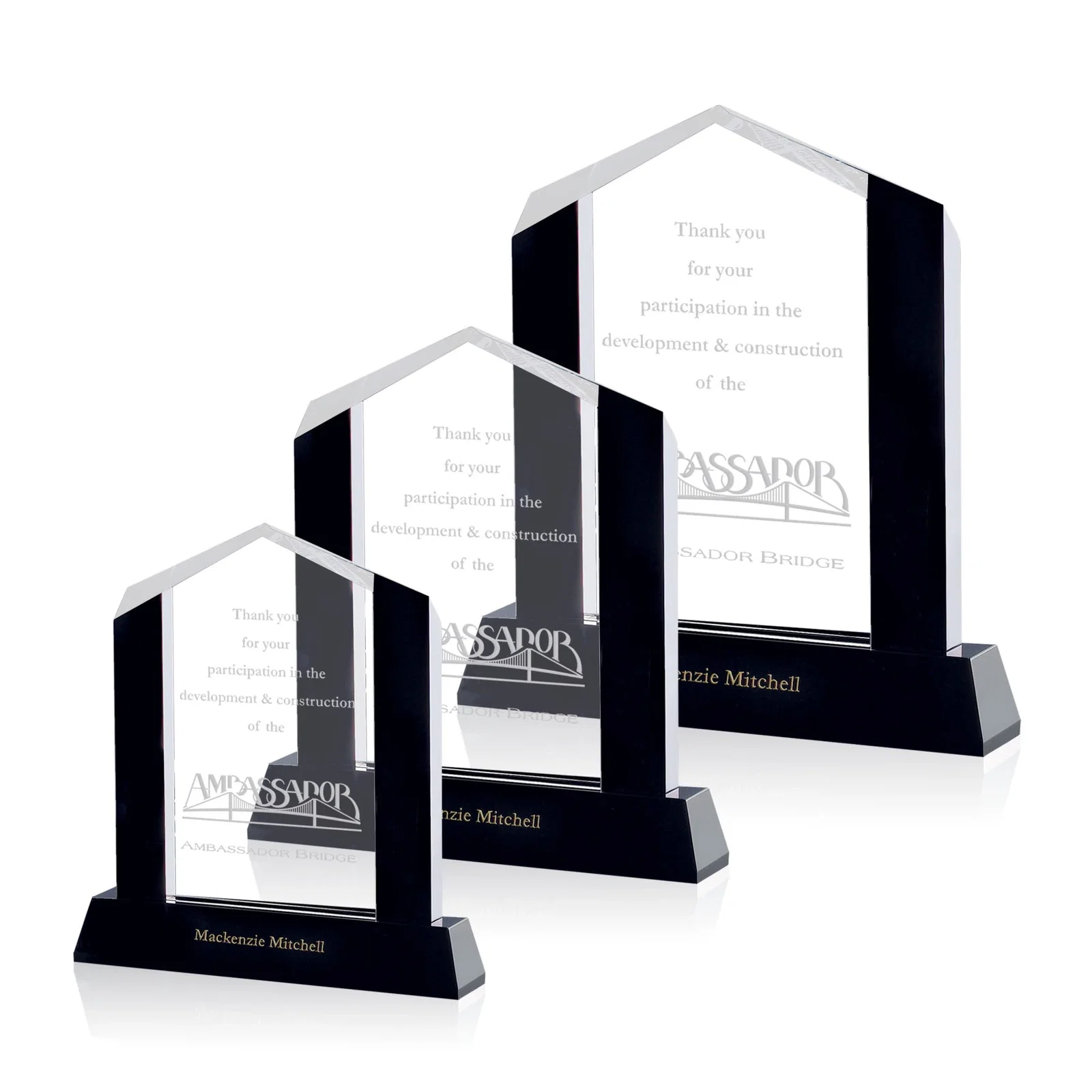 Custom Black and Clear Optical Crystal Polygon Award with Angled Seams, awards for employee recognition