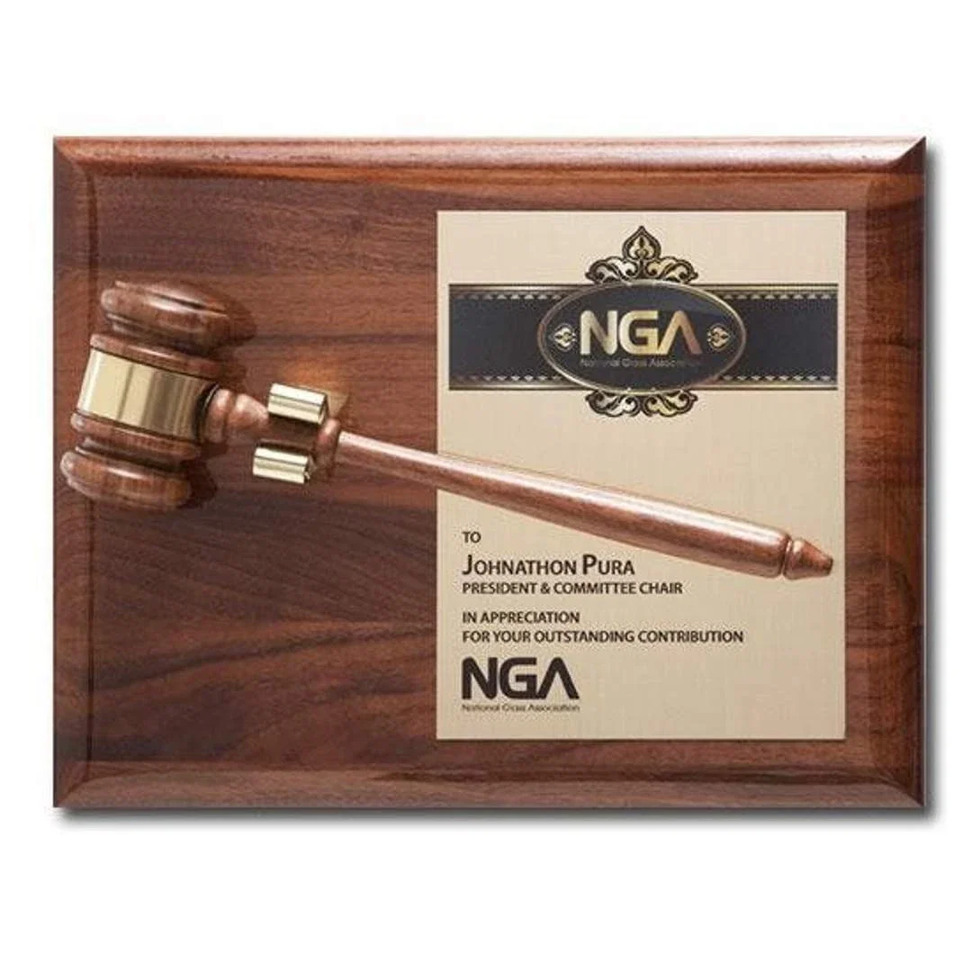 Custom Walnut Gavel Wall Plaque with Brass Engraving Plate for employee recognition