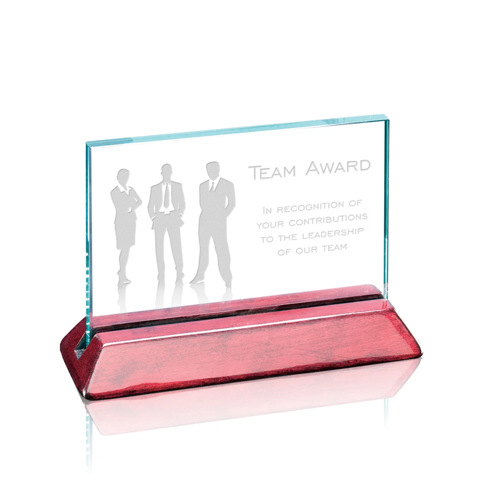 Custom Jade Glass Horizontal Award in a Notched Rosewood Base for corporate award ceremonies