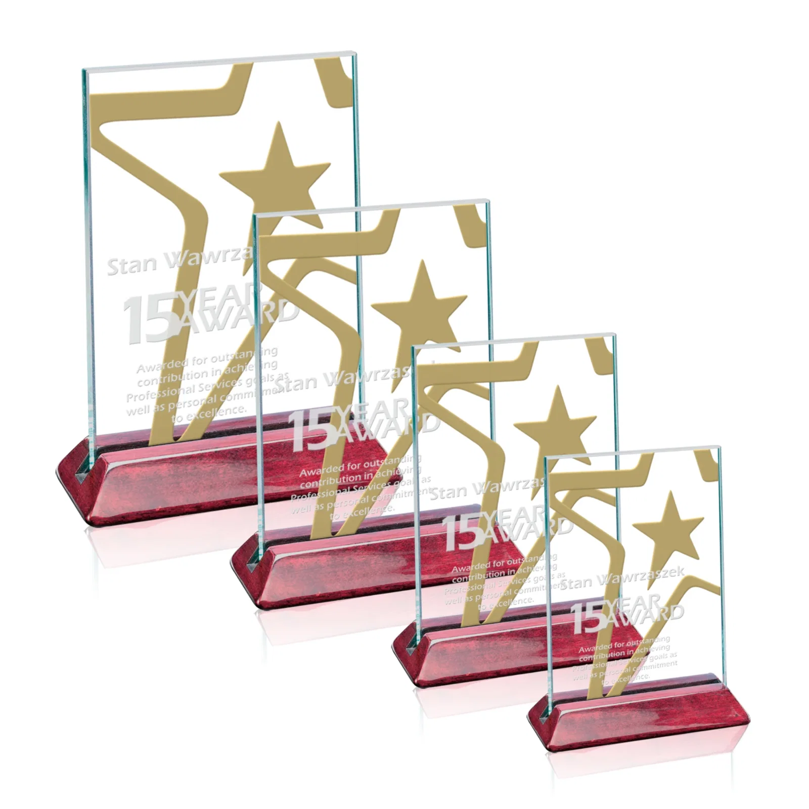 Custom Jade Glass Vertical Award in a Notched Rosewood Base, Two-Side Etch for employee recognition