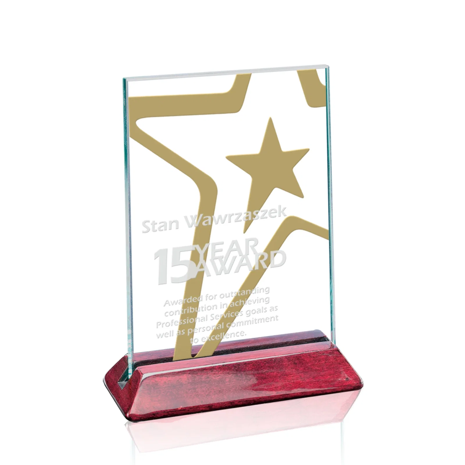 Custom Jade Glass Vertical Award in a Notched Rosewood Base, Two-Side Etch for corporate award ceremonies