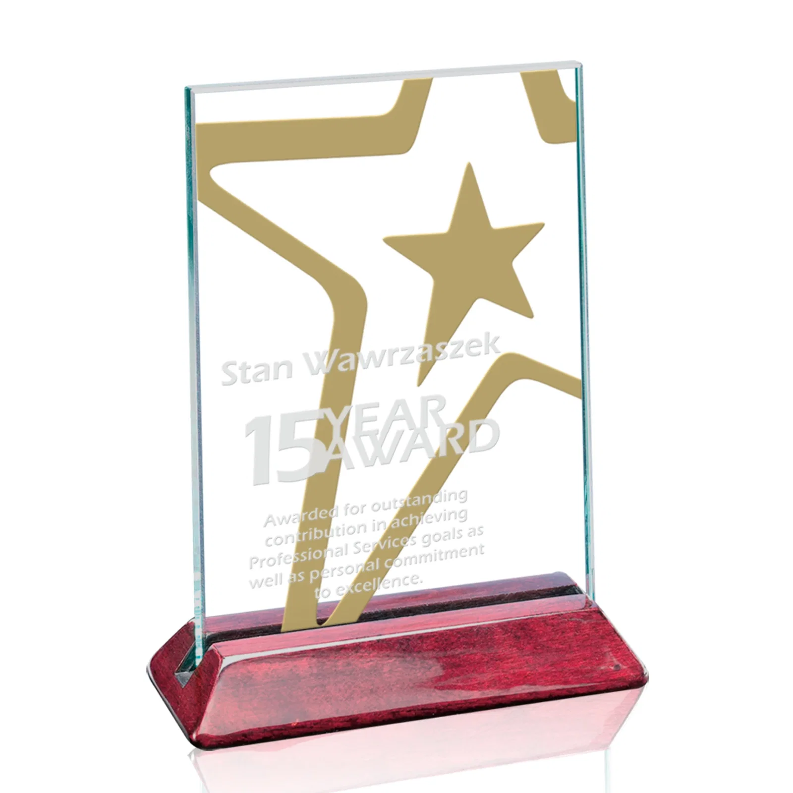 Custom Jade Glass Vertical Award in a Notched Rosewood Base, Two-Side Etch for service anniversary gifts