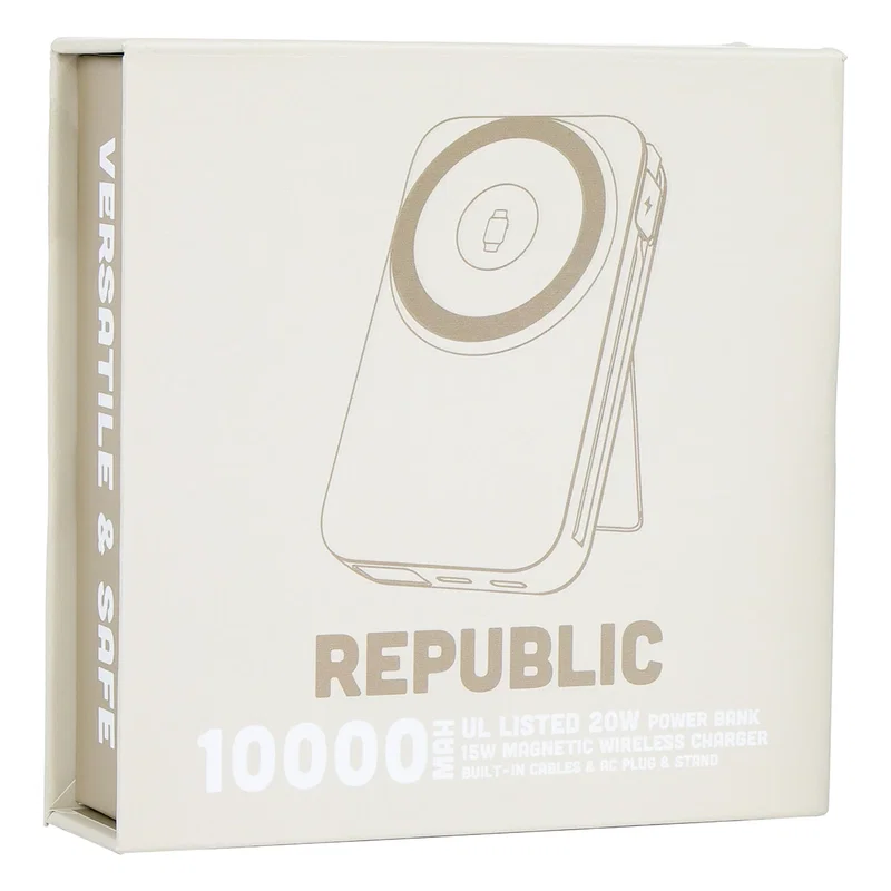 Retail packaging for the Republic 10000mAh Magnetic Wireless Power Bank