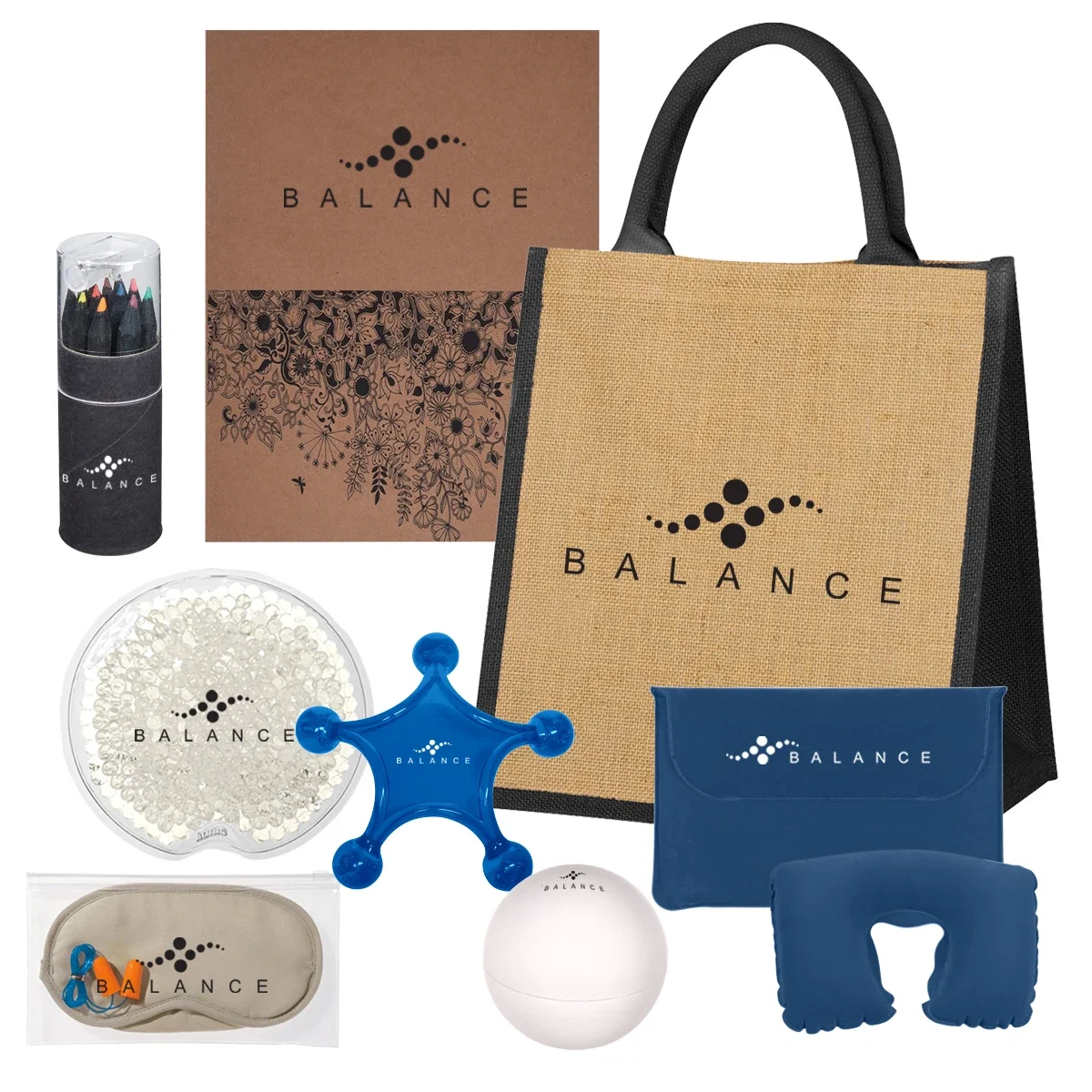 Pieces of the travel comfort set laid out together