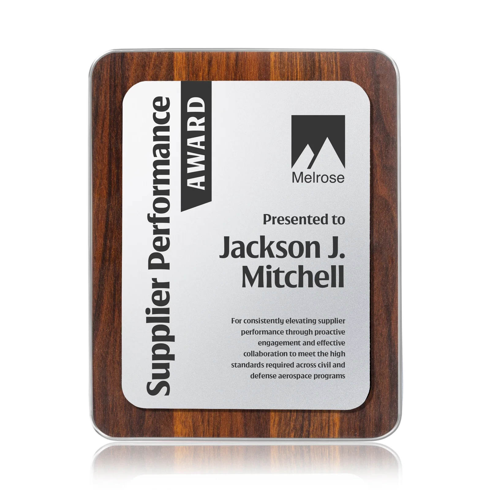 Custom Walnut Plaque With Wall-Mount Or Easel Desktop Display for dealer and partner awards