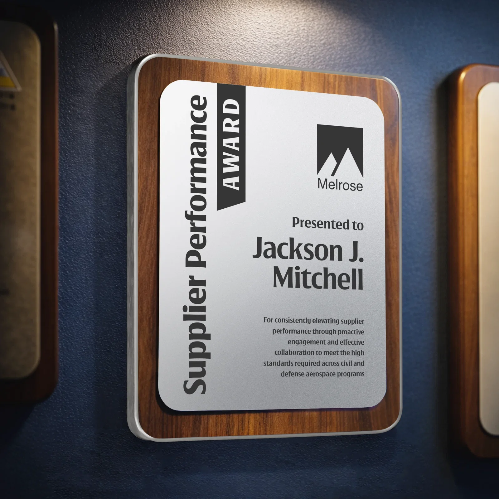 Personalized Walnut Plaque With Wall-Mount Or Easel Desktop Display for corporate award ceremonies