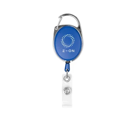Black retractable badge reel with a carabiner clip attached
