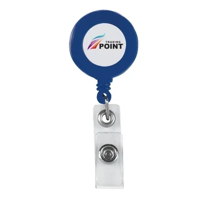 Black retractable badge reel with a laminated label attached