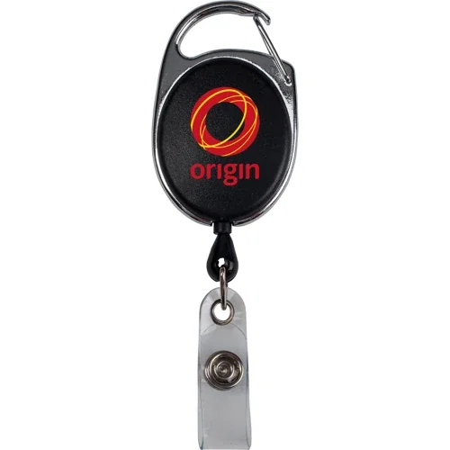 Retractable Badge Reel back view showing pocket clip and silver sport clip attachment