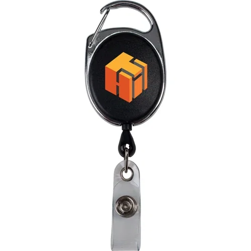 Retractable Badge Reel back view showing silver sport clip attachment for belts