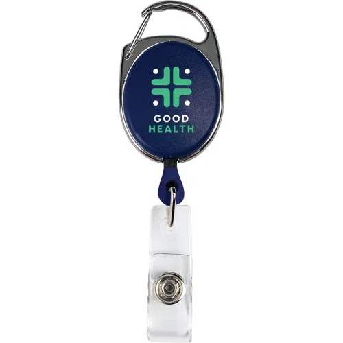 Retractable Badge Reel front face showing custom logo imprint on molded center