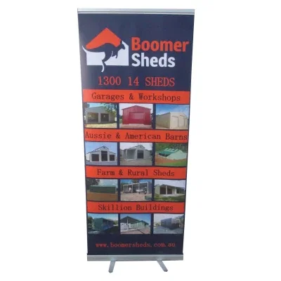 Retractable banner stand nearly seven feet tall with silver hardware