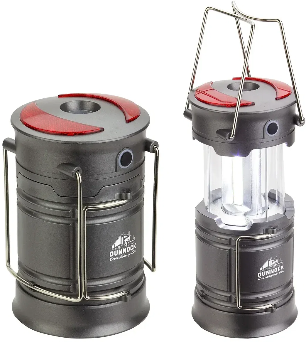 Retro II COB lantern with safety lights and custom logo, promotional pop-up lantern front view