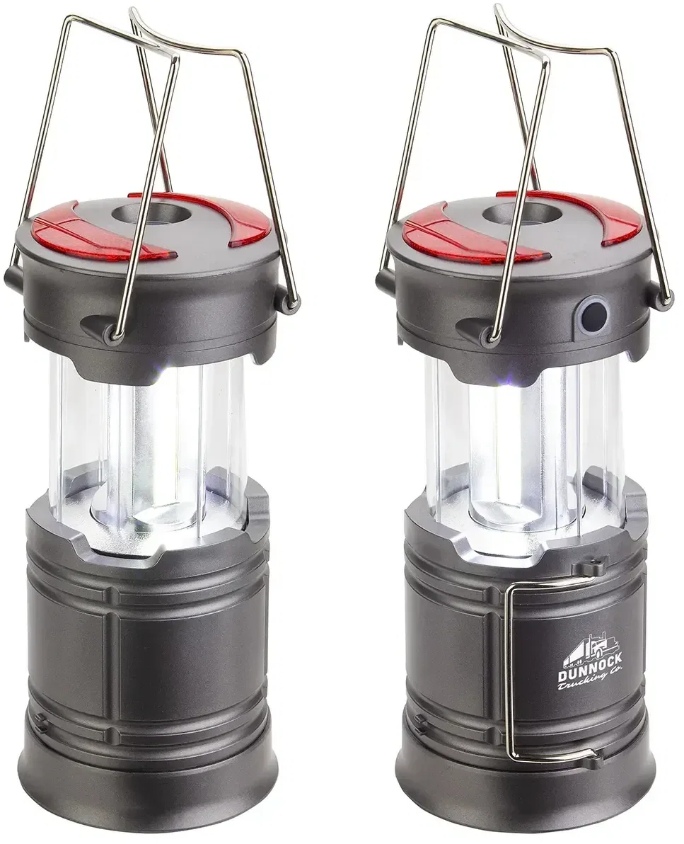 Custom branded COB lantern with its red safety beacons lit, side view