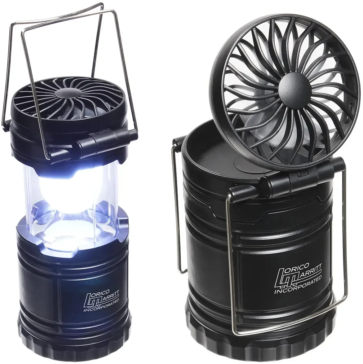 Retro LED lantern with fan and custom logo, promotional camping lantern front view