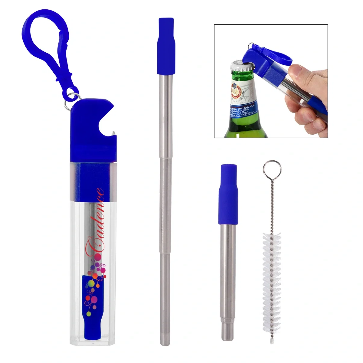 Reusable straw kit paired with a bottle opener for drinks anywhere