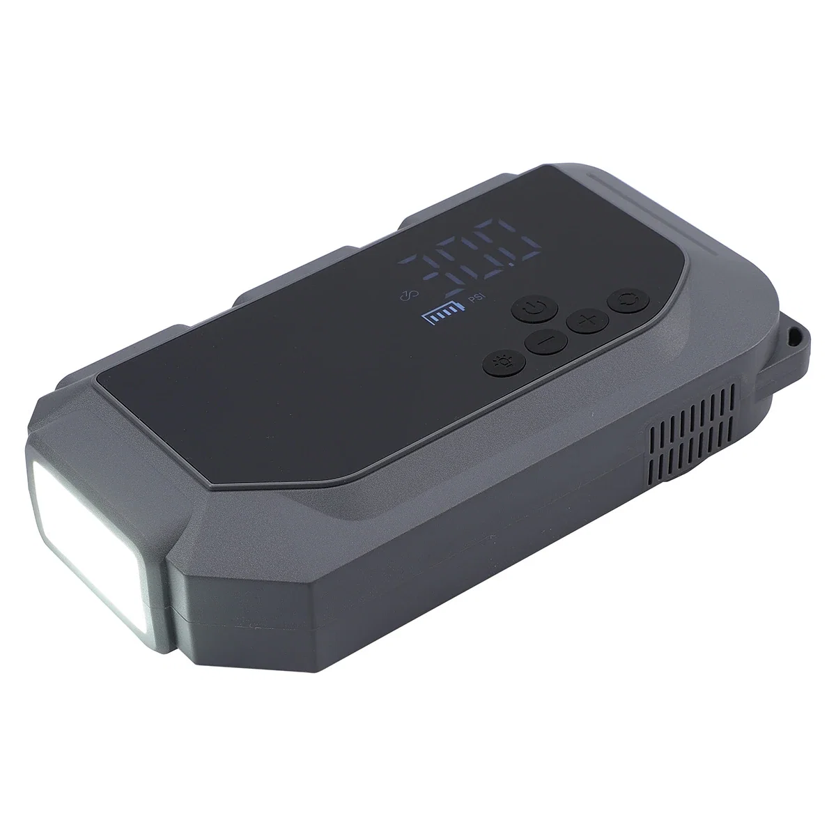 Revive Jump Starter's flashlight beam shown lit, demonstrating the built-in light