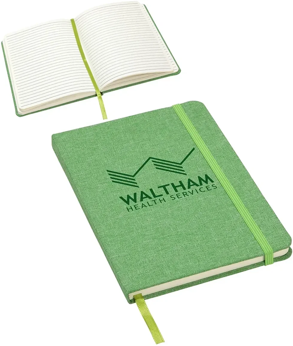 Custom branded recycled PET journal, angled view of the textured cover