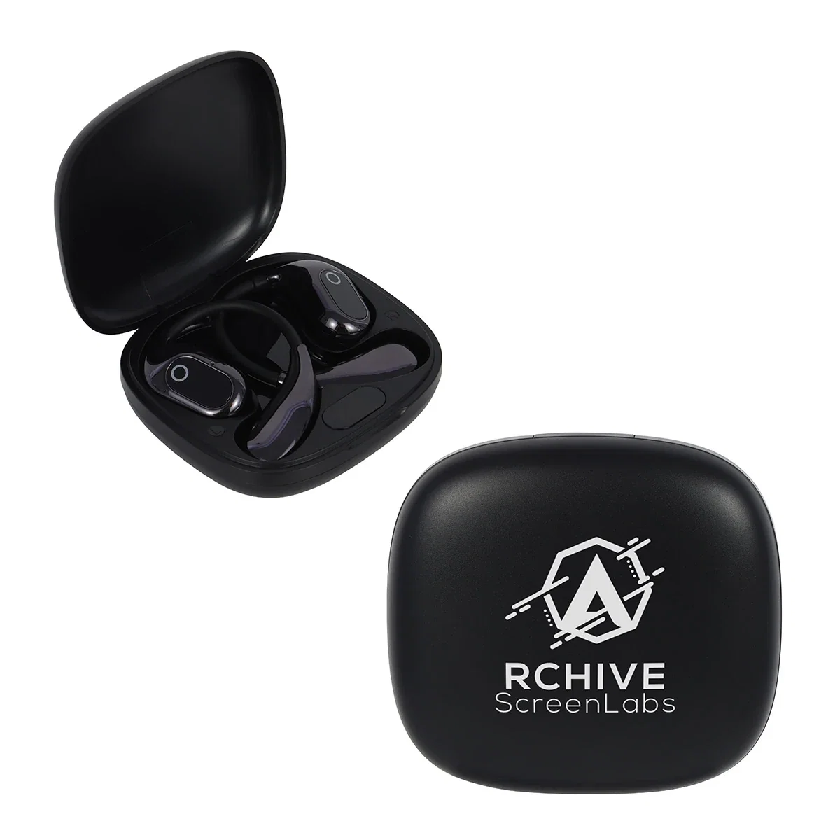 Custom Revue TWS Earbuds with Magnetic Charging Case, front view of the branded earbuds set