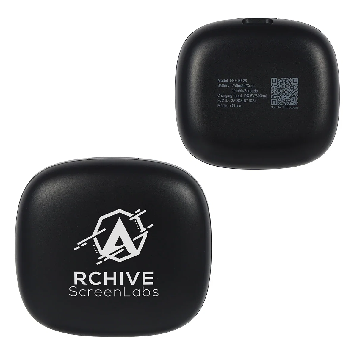 Branded Revue TWS Earbuds case shown from the side, promotional wireless earbuds charging case profile