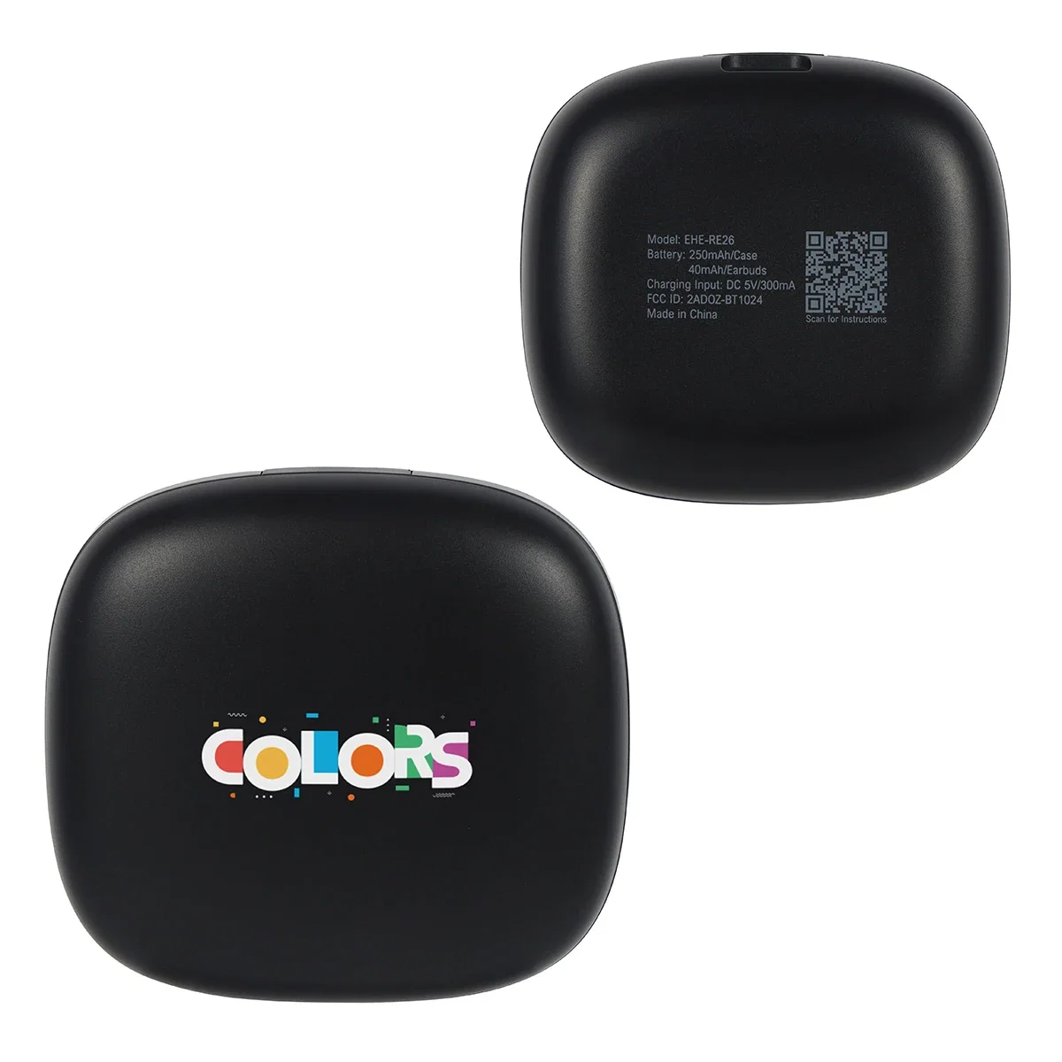 Close-up of the custom Revue TWS Earbuds imprint area on the charging case lid