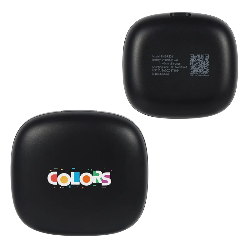 Close-up of the custom Revue TWS Earbuds imprint area on the charging case lid