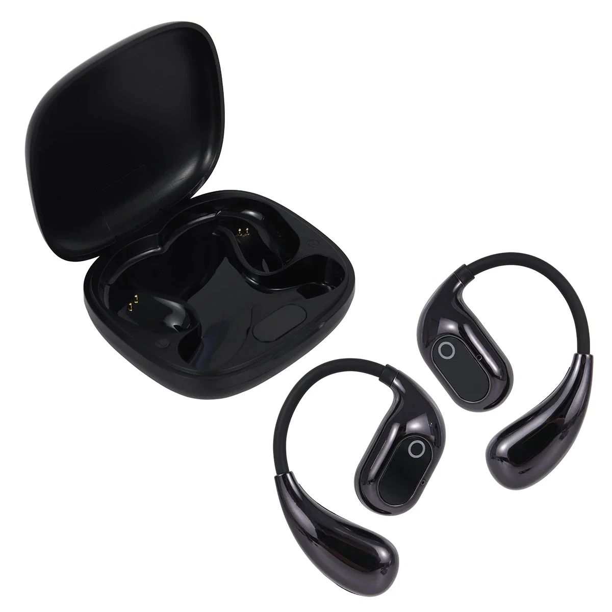 Revue TWS Earbuds in use, one earbud worn in the ear next to the promotional charging case