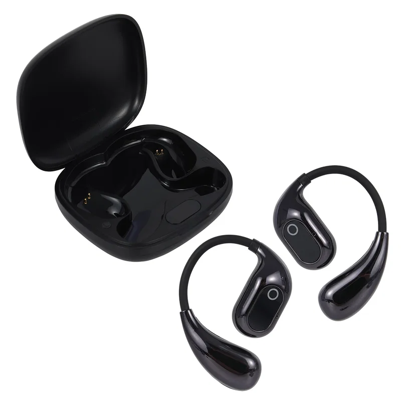 Revue TWS Earbuds in use, one earbud worn in the ear next to the promotional charging case
